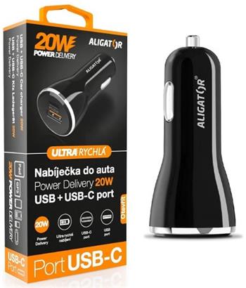ALIGATOR nabíječka do auta POWER DELIVERY 20W, USB + USB-C, černá