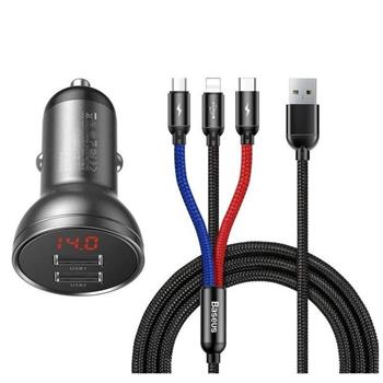 Baseus 2xUSB 4,8A 24W s displejem + 3v1 kabel černá