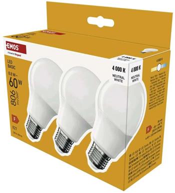 Emos LED žárovka Basic A60 / E27 / 8,8 W (60 W) / 806 lm / neutrální bílá 3ks