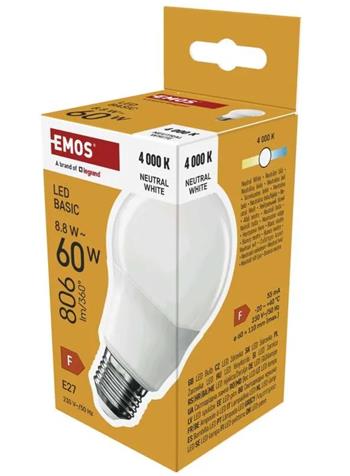 Emos LED žárovka Basic A60 / E27 / 8,8 W (60 W) / 806 lm / neutrální bílá