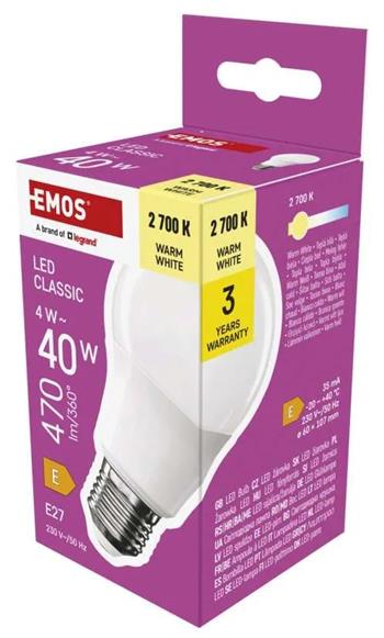 Emos LED žárovka Classic A60 / E27 / 4 W (40 W) / 470 lm / teplá bílá