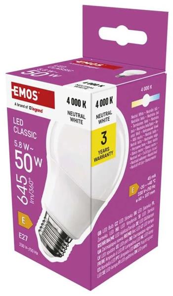 Emos LED žárovka Classic A60 / E27 / 5,8 W (50 W) / 645 lm / neutrální bílá
