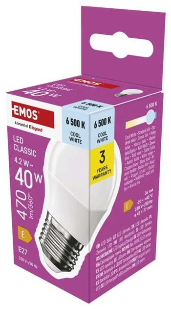 Emos LED žárovka Classic Mini Globe / E27 / 4,2 W (40 W) / 470 lm / studená bílá