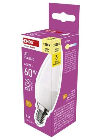 Emos LED žárovka Classic svíčka / E14 / 6,5 W (60 W) / 806 lm / teplá bílá
