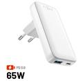 Síťová GaN nabíječka FIXED Slim Traveller s USB-C a USB výstupem s vyměnitelnými adaptéry, 65W, bílá