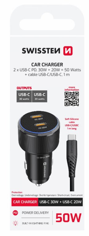 SWISSTEN CL ADAPTÉR 2x USB-C PD, 50W ČERNÝ + KABEL USB-C / USB-C, 1 M