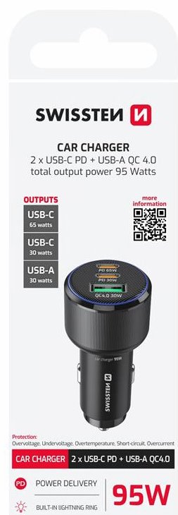 SWISSTEN CL ADAPTÉR 2x USB-C PD + USB-A, 95W ČERNÝ