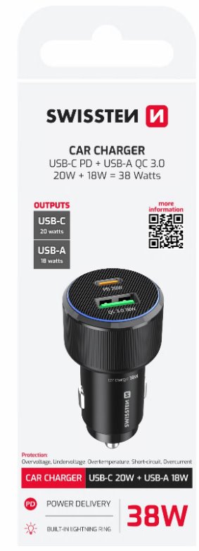 SWISSTEN CL ADAPTÉR USB-C PD + USB-A, 38W ČERNÝ