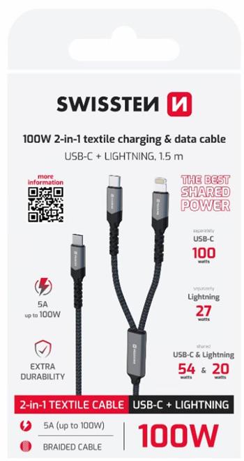 Swissten nabíjecí kabel 2v1 USB-C / USB-C + Lightning 100W 1,5 M černý
