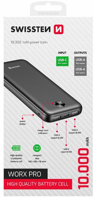 Swissten Power bank 10000 mAh WORX PRO - černá