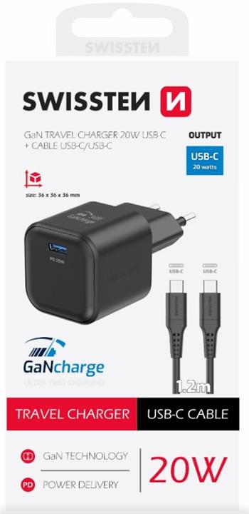 SWISSTEN SÍŤOVÝ ADAPTÉR GaN 1x USB-C 20W POWER DELIVERY ČERNÝ + DATOVÝ KABEL USB-C/USB-C 1,2 M ČERNÝ