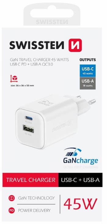 SWISSTEN SÍŤOVÝ ADAPTÉR GaN 1x USB-C 45W PD + 1x USB-A 18W QC BÍLÝ