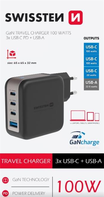SWISSTEN SÍŤOVÝ ADAPTÉR GaN 3x USB-C 100W PD + 1x USB-A 18W QC ČERNÝ