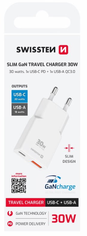 Swissten tenký síťový adaptér GaN USB-C + USB-A 30W bílý